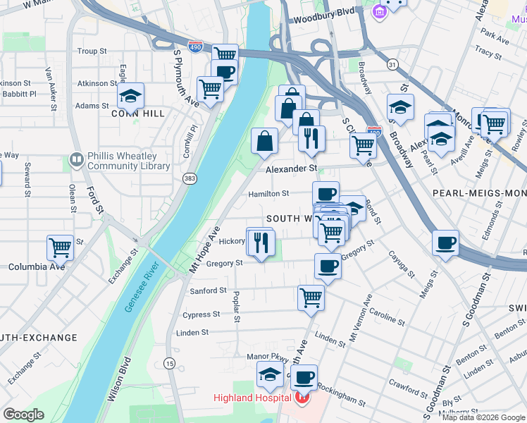map of restaurants, bars, coffee shops, grocery stores, and more near 20 Ashland Street in Rochester