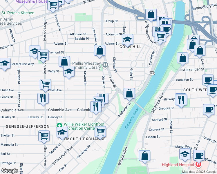 map of restaurants, bars, coffee shops, grocery stores, and more near 30 Coretta Scott Crossing in Rochester