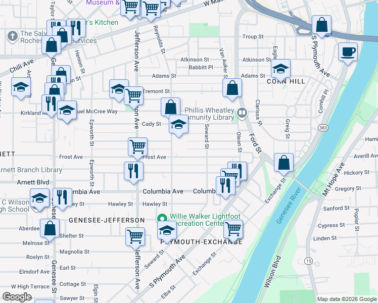 map of restaurants, bars, coffee shops, grocery stores, and more near 171 Champlain Street in Rochester