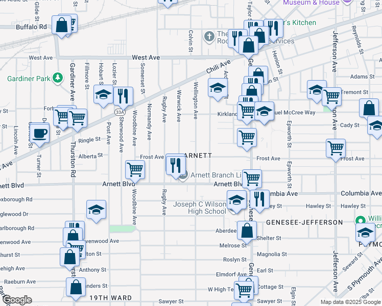 map of restaurants, bars, coffee shops, grocery stores, and more near 184-186 Warwick Avenue in Rochester
