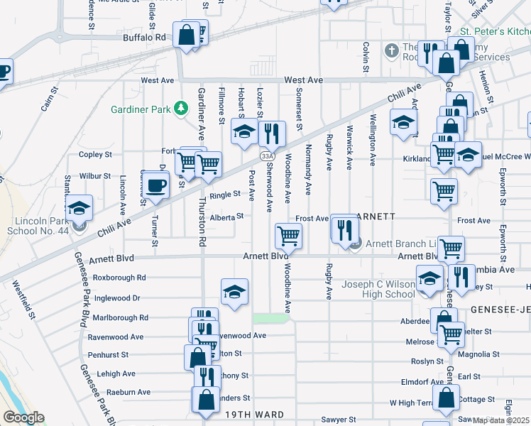 map of restaurants, bars, coffee shops, grocery stores, and more near 103 Sherwood Avenue in Rochester