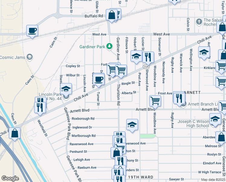 map of restaurants, bars, coffee shops, grocery stores, and more near 110 Salina Street in Rochester