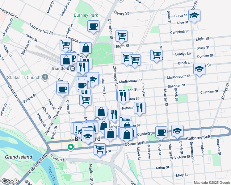 map of restaurants, bars, coffee shops, grocery stores, and more near in Brantford