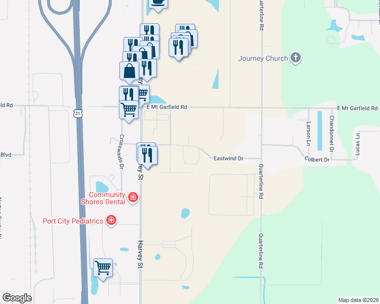 map of restaurants, bars, coffee shops, grocery stores, and more near 1900 Catalina Drive in Muskegon