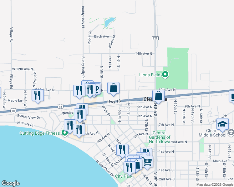 map of restaurants, bars, coffee shops, grocery stores, and more near 522-532 10th Avenue North in Clear Lake