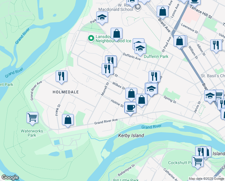 map of restaurants, bars, coffee shops, grocery stores, and more near Banks Street in Brantford