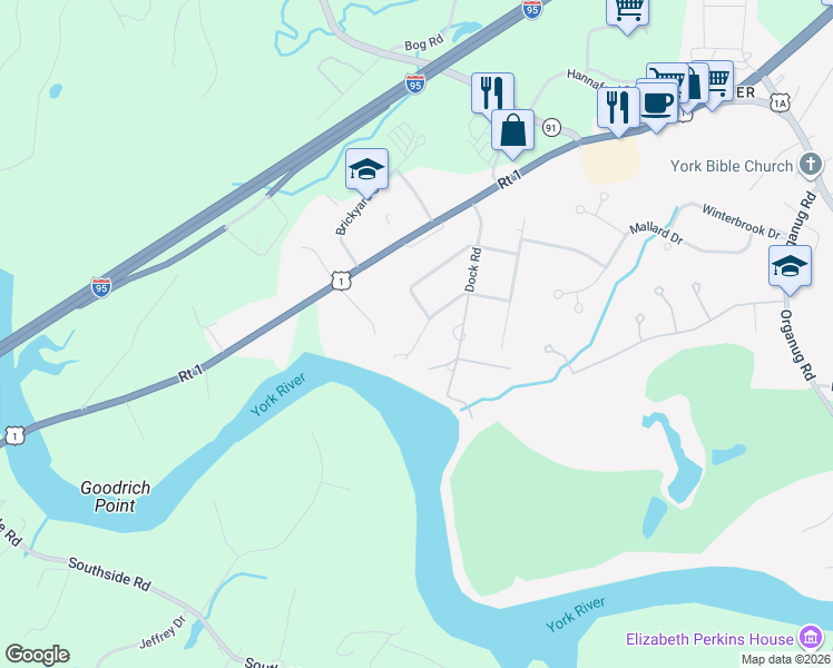 map of restaurants, bars, coffee shops, grocery stores, and more near 61 Orchard Farm Road in York