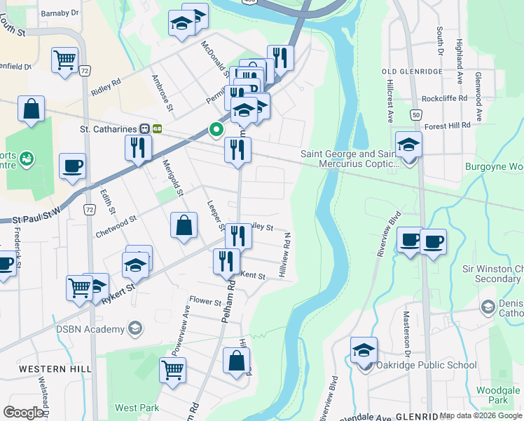 map of restaurants, bars, coffee shops, grocery stores, and more near 12 Antwerp Street in Saint Catharines