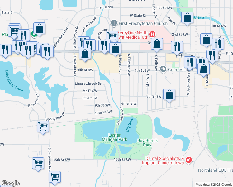 map of restaurants, bars, coffee shops, grocery stores, and more near 780 South Pierce Avenue in Mason City