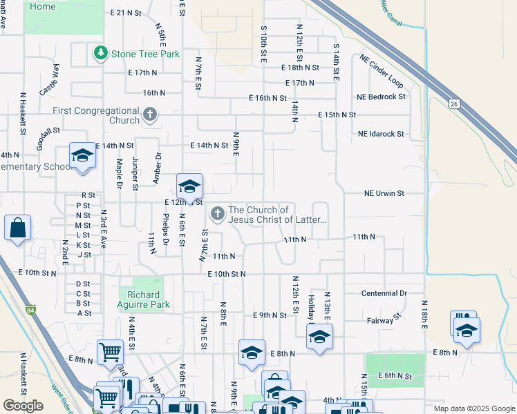 map of restaurants, bars, coffee shops, grocery stores, and more near 1185 North 10th East in Mountain Home