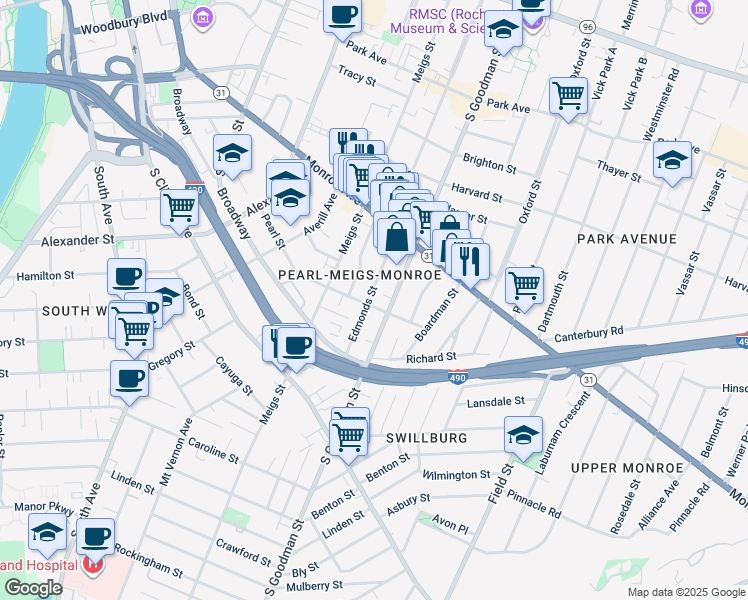 map of restaurants, bars, coffee shops, grocery stores, and more near 402 Pearl Street in Rochester