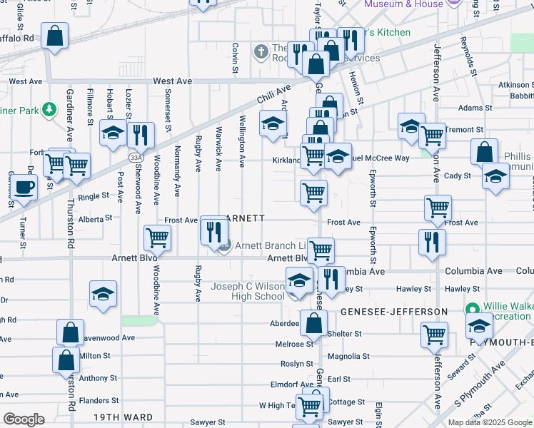map of restaurants, bars, coffee shops, grocery stores, and more near 244 Kenwood Avenue in Rochester