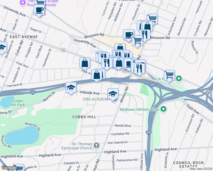 map of restaurants, bars, coffee shops, grocery stores, and more near 107 Norris Drive in Rochester