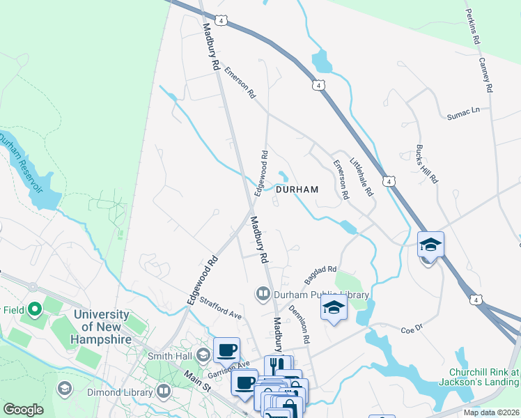 map of restaurants, bars, coffee shops, grocery stores, and more near 38 Edgewood Road in Durham