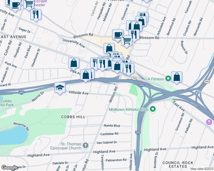 map of restaurants, bars, coffee shops, grocery stores, and more near 35 Hartsen Street in Rochester