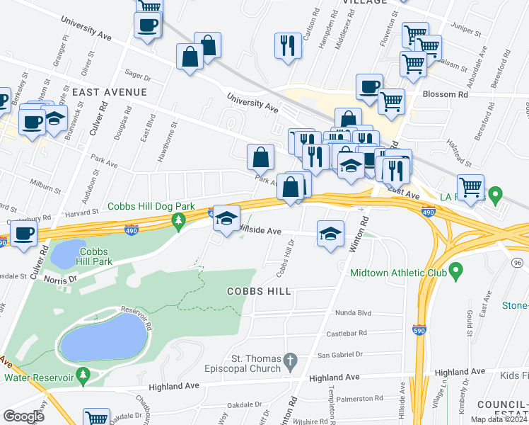 map of restaurants, bars, coffee shops, grocery stores, and more near 221 Norris Dr in Rochester