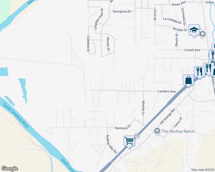 map of restaurants, bars, coffee shops, grocery stores, and more near 143 Clellon Court in Roseburg
