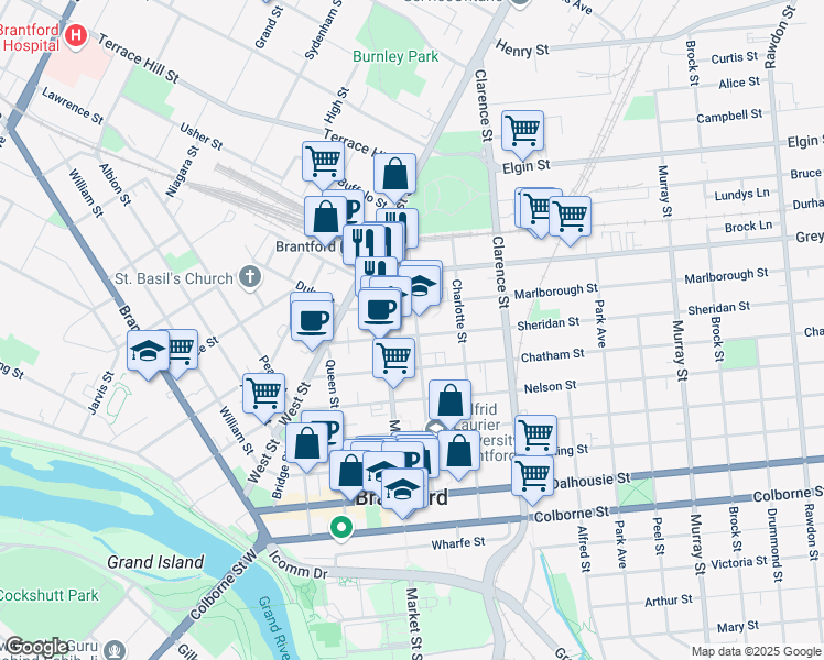 map of restaurants, bars, coffee shops, grocery stores, and more near 50 Sheridan Street in Brantford