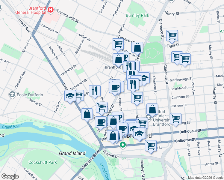 map of restaurants, bars, coffee shops, grocery stores, and more near 15 Fleet Street in Brantford