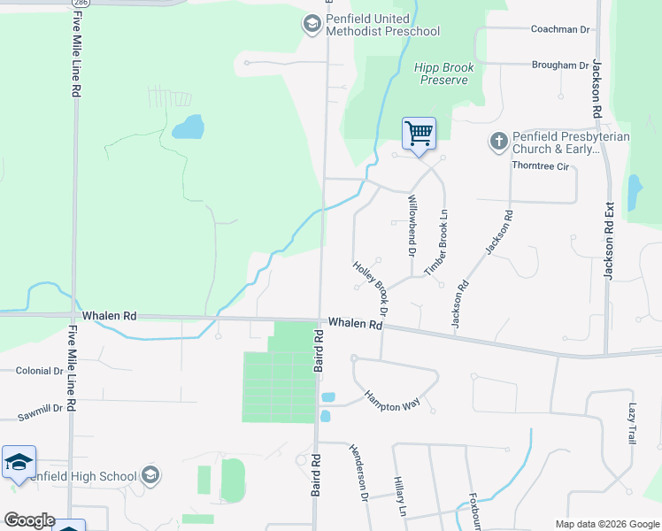 map of restaurants, bars, coffee shops, grocery stores, and more near 1922 Baird Road in Penfield