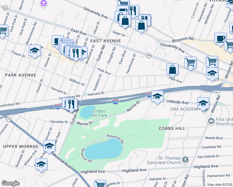 map of restaurants, bars, coffee shops, grocery stores, and more near 870 Harvard Street in Rochester