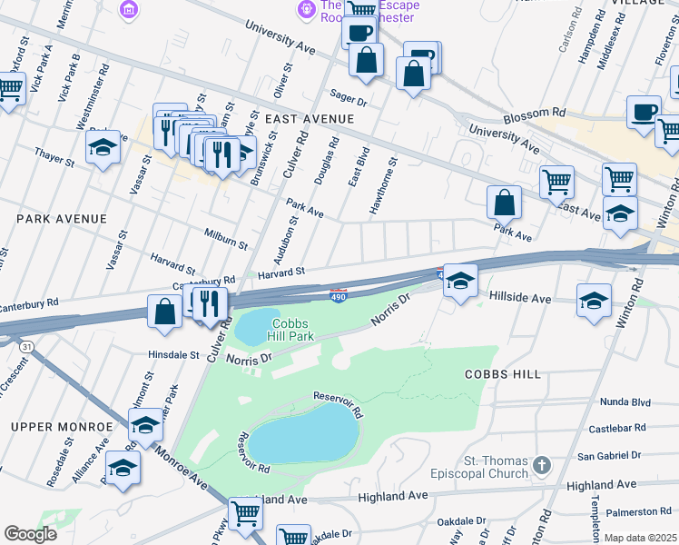 map of restaurants, bars, coffee shops, grocery stores, and more near 71 Calumet Street in Rochester