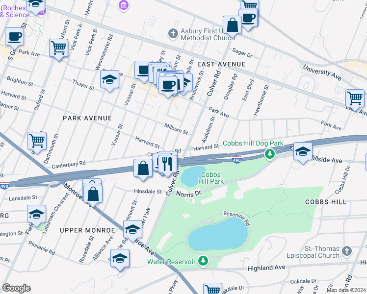map of restaurants, bars, coffee shops, grocery stores, and more near 256 Brunswick Street in Rochester