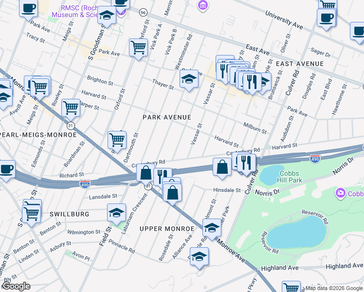 map of restaurants, bars, coffee shops, grocery stores, and more near 209 Vassar Street in Rochester