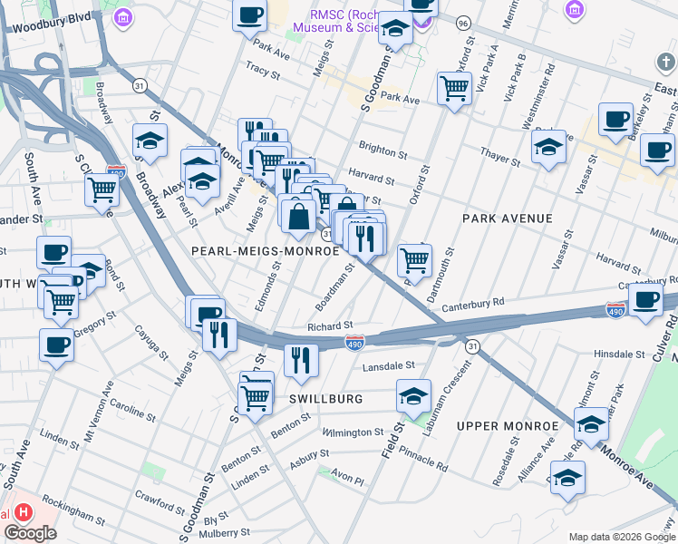 map of restaurants, bars, coffee shops, grocery stores, and more near 30 Amherst Street in Rochester
