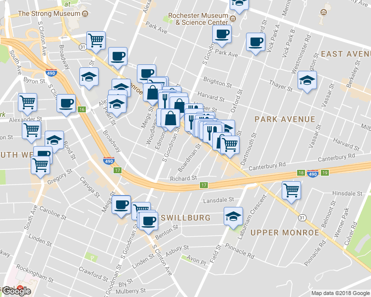 map of restaurants, bars, coffee shops, grocery stores, and more near in Rochester