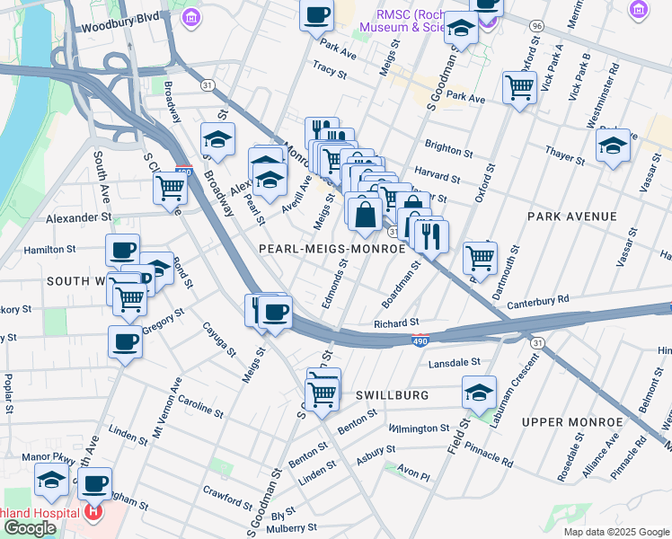 map of restaurants, bars, coffee shops, grocery stores, and more near 370 Pearl Street in Rochester