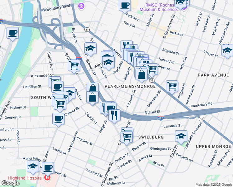 map of restaurants, bars, coffee shops, grocery stores, and more near 509 Meigs Street in Rochester