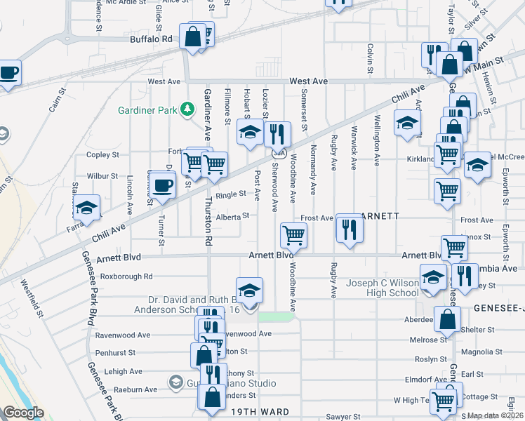 map of restaurants, bars, coffee shops, grocery stores, and more near 103 Sherwood Avenue in Rochester