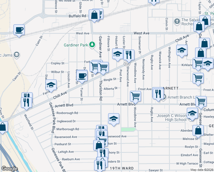 map of restaurants, bars, coffee shops, grocery stores, and more near 38 Thurston Road in Rochester