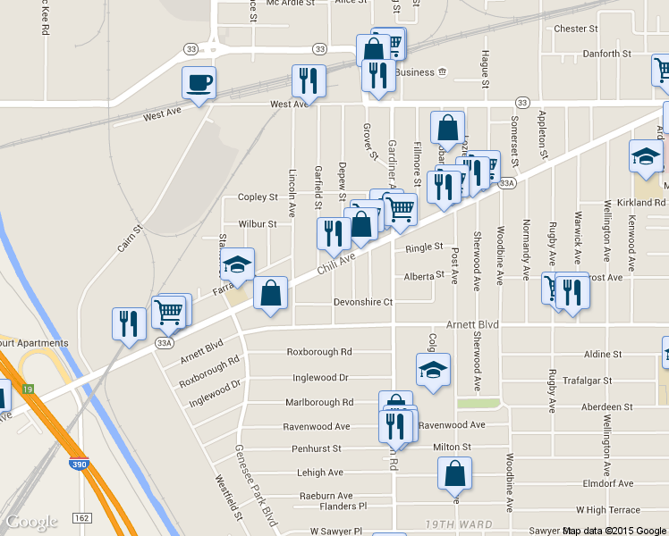 map of restaurants, bars, coffee shops, grocery stores, and more near 656 Highway 33A in Rochester