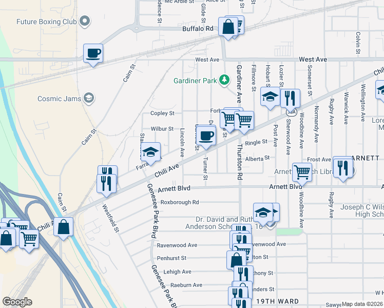 map of restaurants, bars, coffee shops, grocery stores, and more near 259 Garfield Street in Rochester