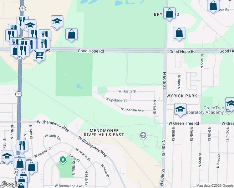 map of restaurants, bars, coffee shops, grocery stores, and more near 6439 West Hustis Street in Milwaukee