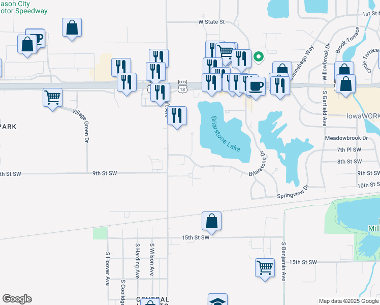 map of restaurants, bars, coffee shops, grocery stores, and more near 2 Briarstone Court in Mason City