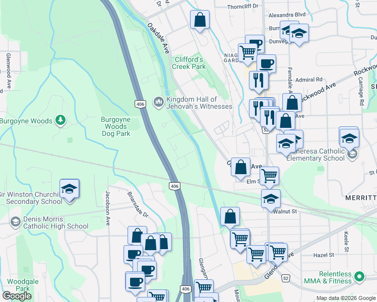 map of restaurants, bars, coffee shops, grocery stores, and more near in Saint Catharines
