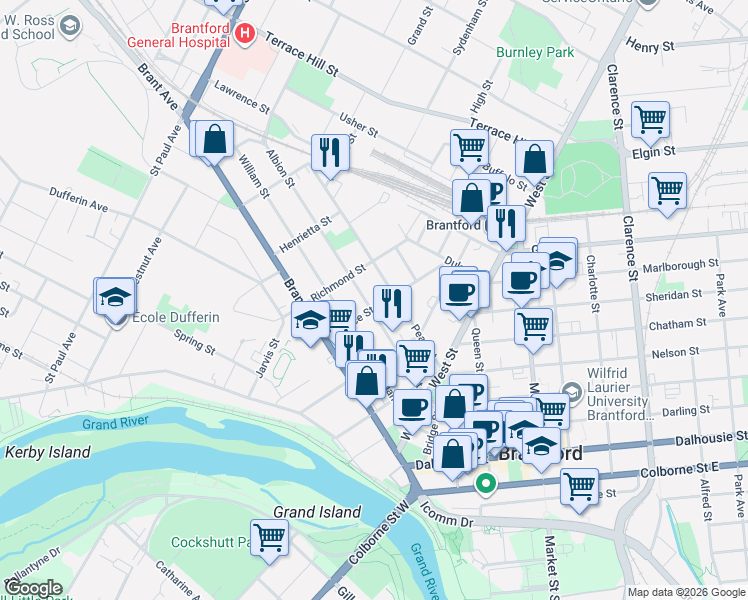 map of restaurants, bars, coffee shops, grocery stores, and more near 75 Albion Street in Brantford