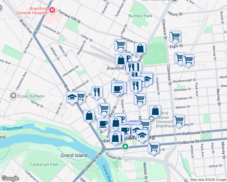 map of restaurants, bars, coffee shops, grocery stores, and more near 17 Fleet Street in Brantford