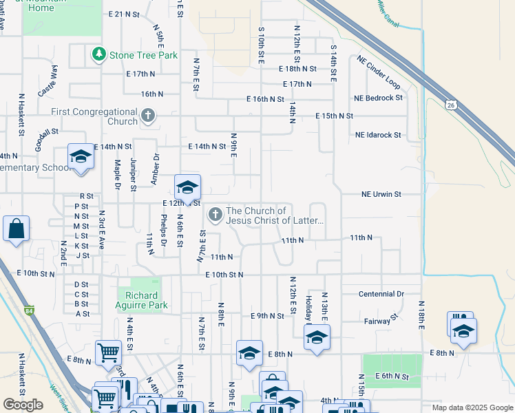 map of restaurants, bars, coffee shops, grocery stores, and more near 1185 North 10th East Street in Mountain Home