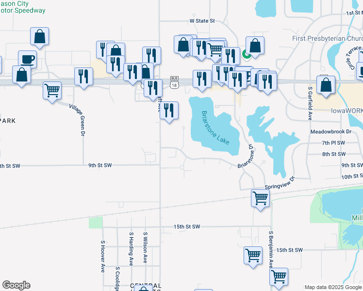 map of restaurants, bars, coffee shops, grocery stores, and more near 2 Briarstone Court in Mason City