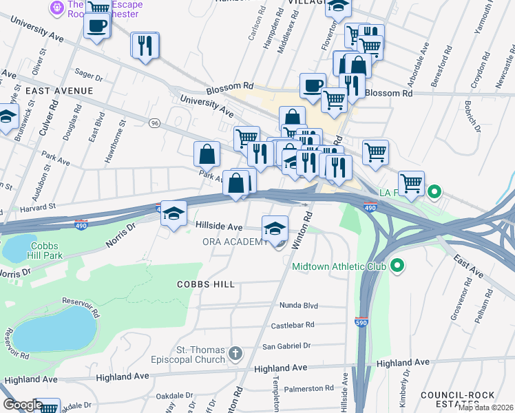 map of restaurants, bars, coffee shops, grocery stores, and more near 107 Norris Drive in Rochester