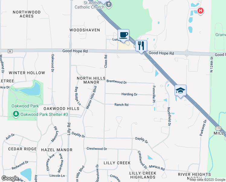 map of restaurants, bars, coffee shops, grocery stores, and more near N69W13490 Harding Drive in Menomonee Falls