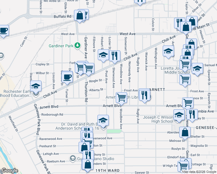 map of restaurants, bars, coffee shops, grocery stores, and more near 103 Sherwood Avenue in Rochester