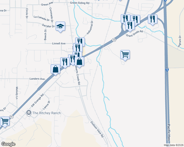 map of restaurants, bars, coffee shops, grocery stores, and more near 100 Geneva Court in Roseburg