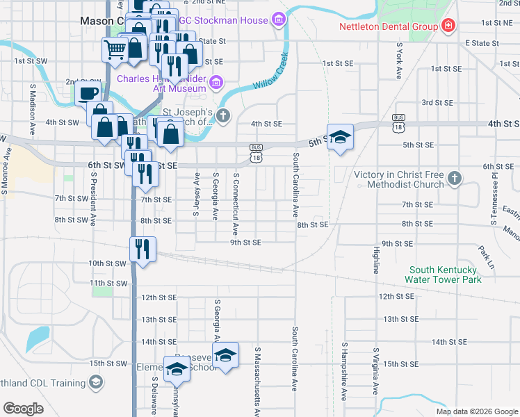 map of restaurants, bars, coffee shops, grocery stores, and more near 709 South Massachusetts Avenue in Mason City