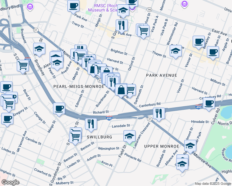 map of restaurants, bars, coffee shops, grocery stores, and more near 678 Monroe Avenue in Rochester