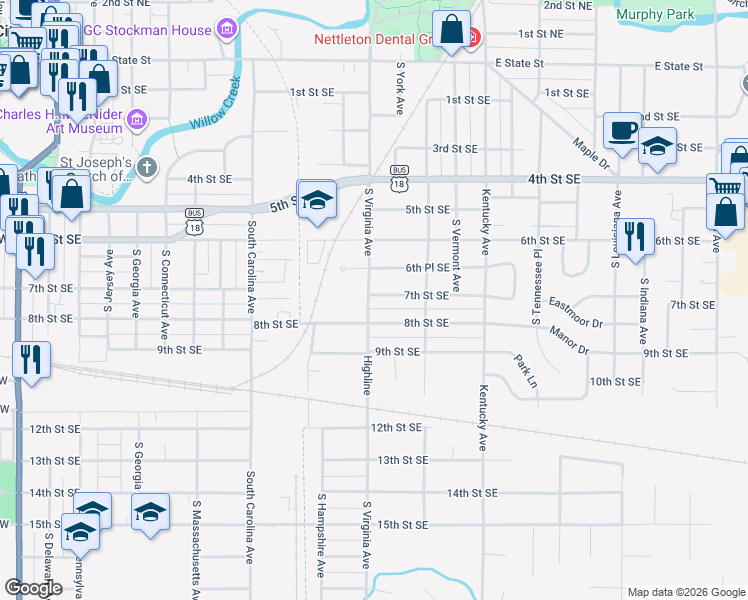 map of restaurants, bars, coffee shops, grocery stores, and more near 703 South Virginia Avenue in Mason City